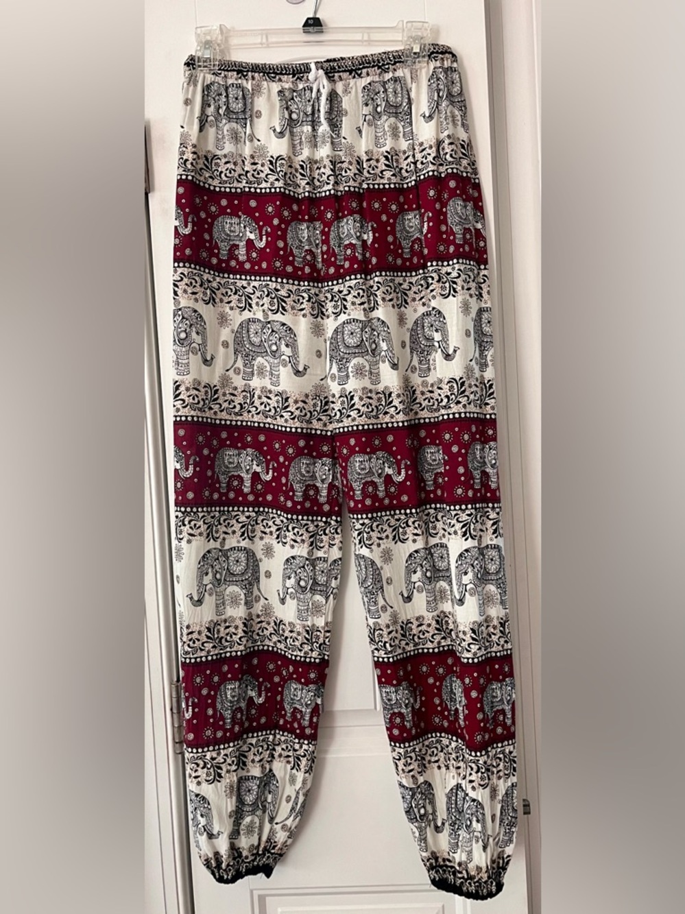 Boho Elephant Print Drawstring Lounge Pants - White & Burgundy & black handmade
